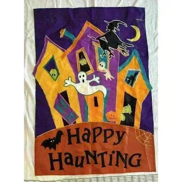 Halloween Garden Flag Happy Haunting Cat Witch Pumpkin Monster Rod Pocket - Picture 7 of 7